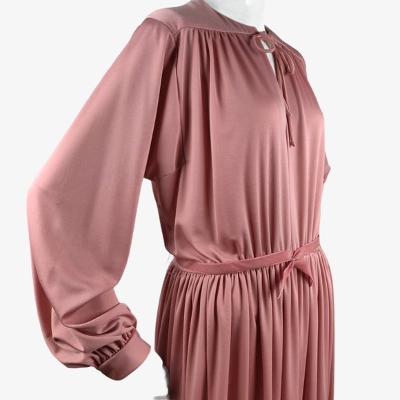 Vintage 1970s Rose Pink Slinky Maxi Dress Hostess Gown Grecian Drape Gathered M - Picture 9 of 14